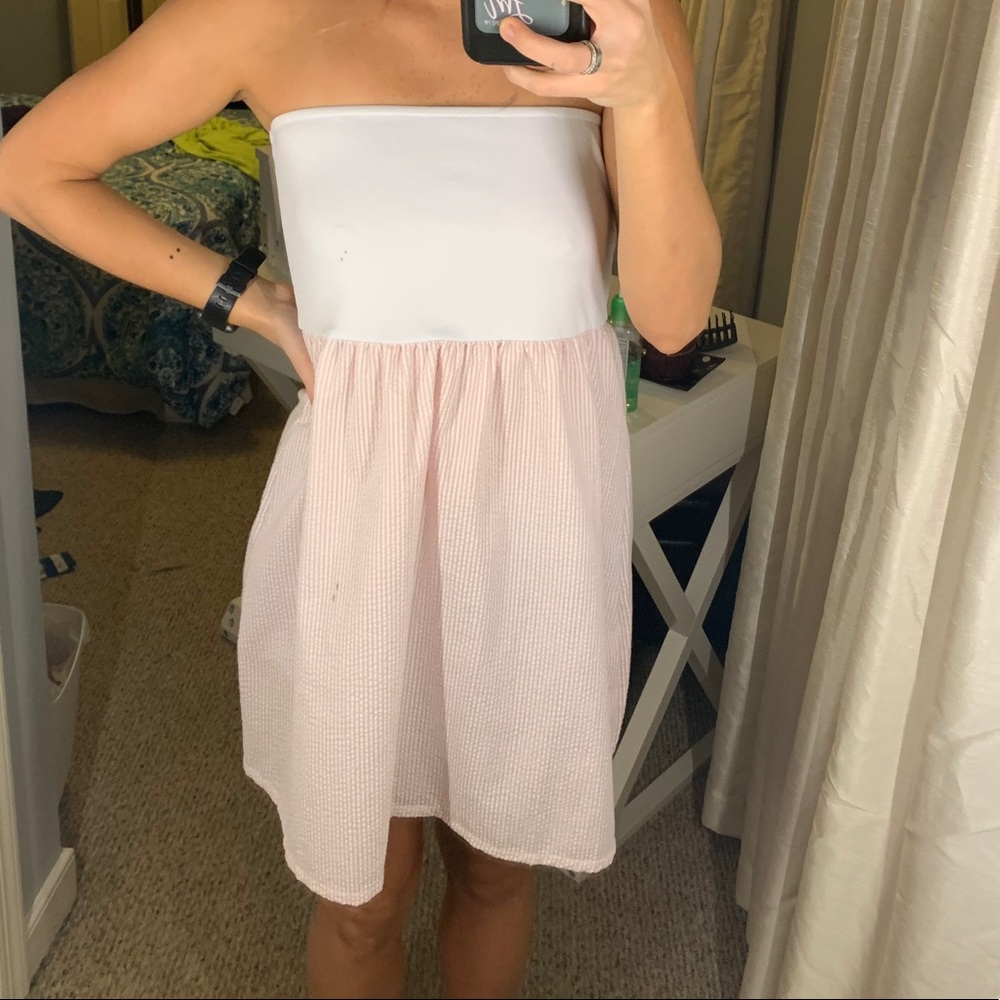 Strapless pink seersucker dress